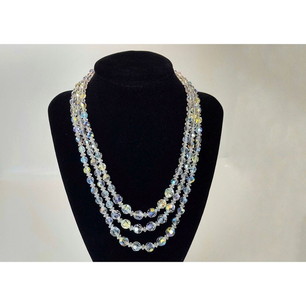 Crystal Aurora Borealis Beaded Triple Strand Necklace W/ Hook Closure, Vintage